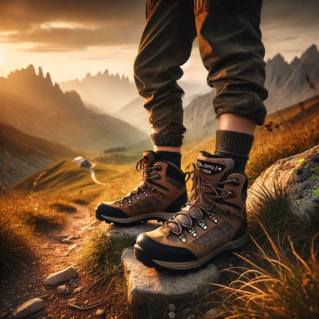 A pair of Dolomite 54 hiking boots placed on a rugged mountain trail surrounded by rocks, grass, and distant peaks, highlighting their durability and outdoor appeal.